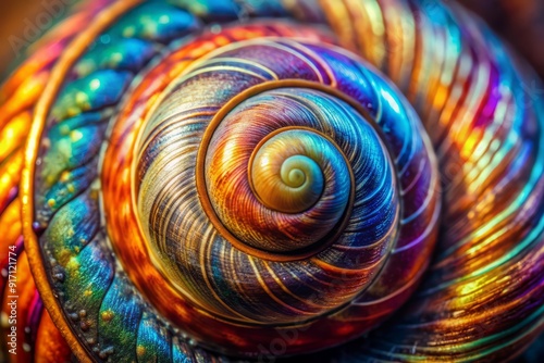 Vibrant macro shot of a snail shell showcasing intricate swirling patterns, delicate ridges, and iridescent colors in a mesmerizing display of natural beauty. photo