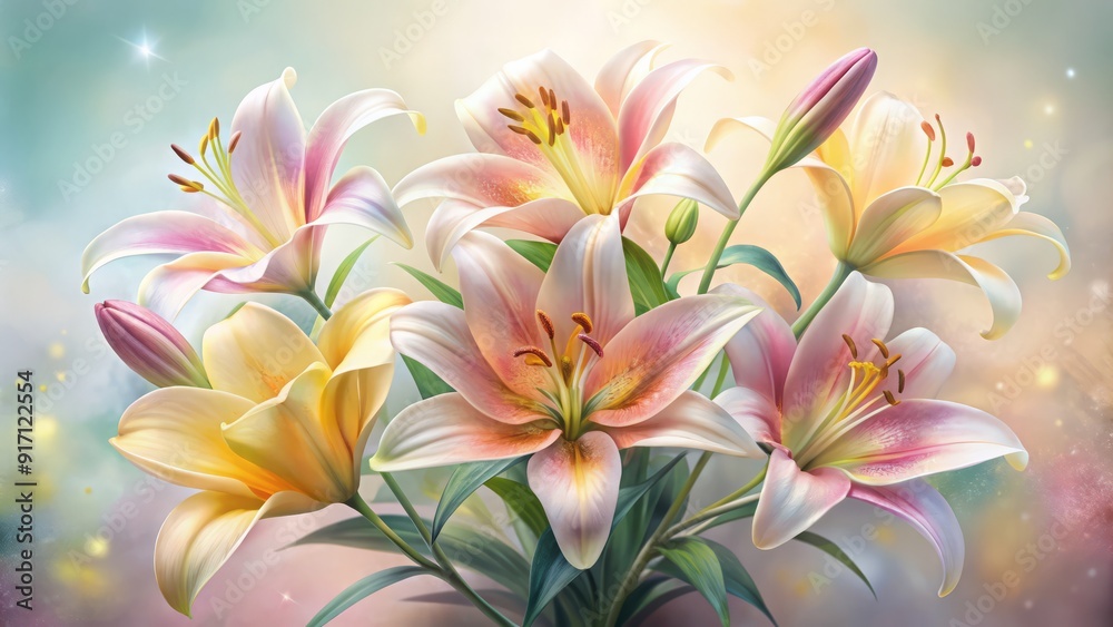 Fototapeta premium Delicate, soft focus watercolor lilies in pastel shades of pink, yellow, and white bloom alone on a transparent background, exuding serene beauty and elegance.