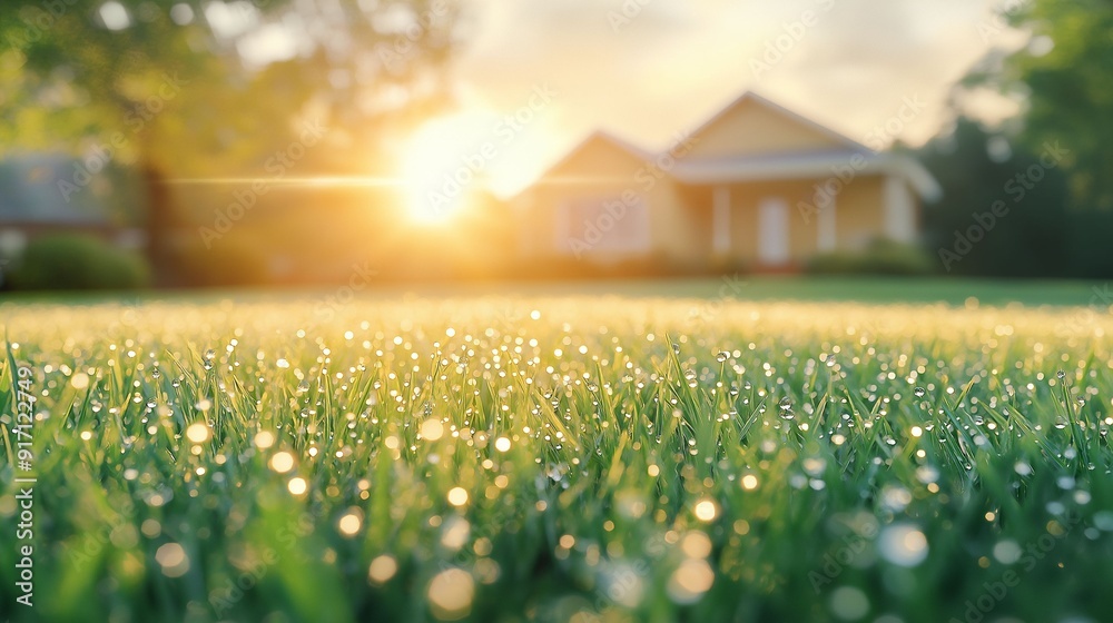 Fototapeta premium Morning dew on grass with sunlight and house in background.