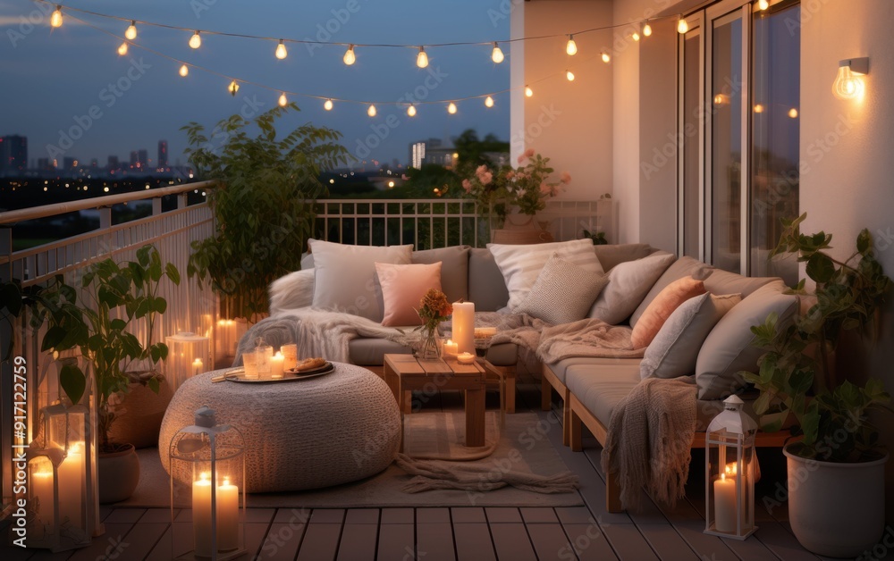 A patio with a couch, pillows, and a table with candles. Scene is cozy and inviting A patio with a couch, pillows, and a table with candles. Scene is cozy and inviting