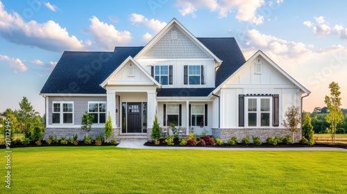 Beautiful two-story farmhouse with a white facade, grey roof, large windows, front porch, and a lush green lawn.