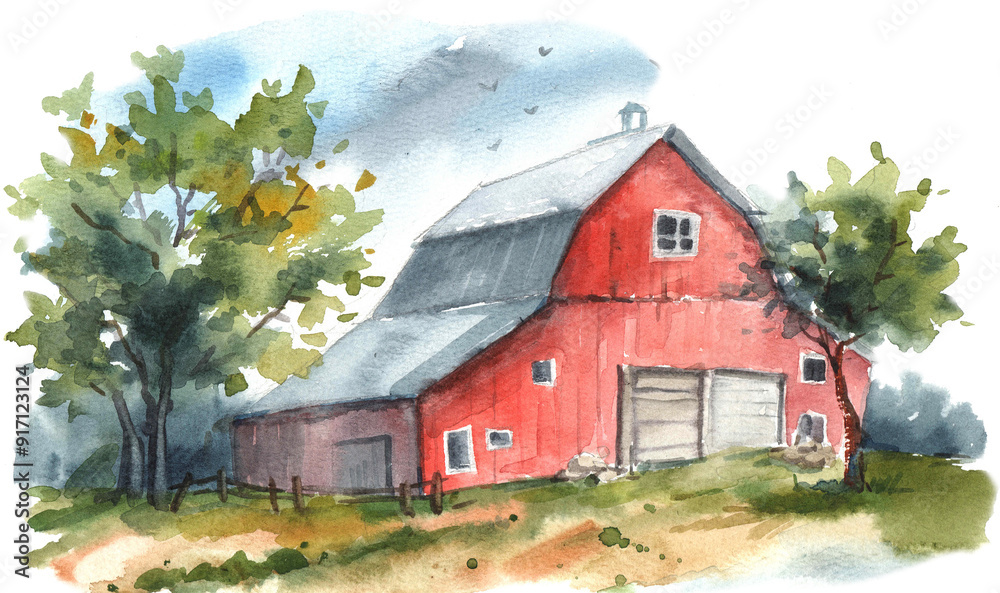 Fototapeta premium Watercolor farmhouse on the white background, drawn illustrations, poster farm, fall farm art, farm logo png