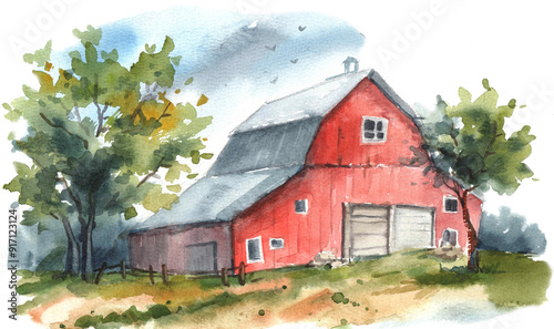 Watercolor farmhouse on the white background, drawn illustrations, poster farm, fall farm art, farm logo png