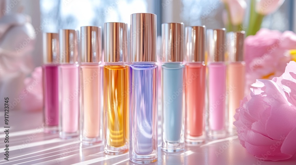 beauty packaging, elegant lip oil tubes in pastel hues standing on a vanity, elevating the beauty regimen with a touch of glamour beauty packaging, elegant lip oil tubes in pastel hues standing on a vanity, elevating the beauty regimen with a touch of glamour
