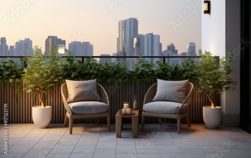 Wallpaper Mural A balcony with two chairs and a table with a city view in the background Torontodigital.ca