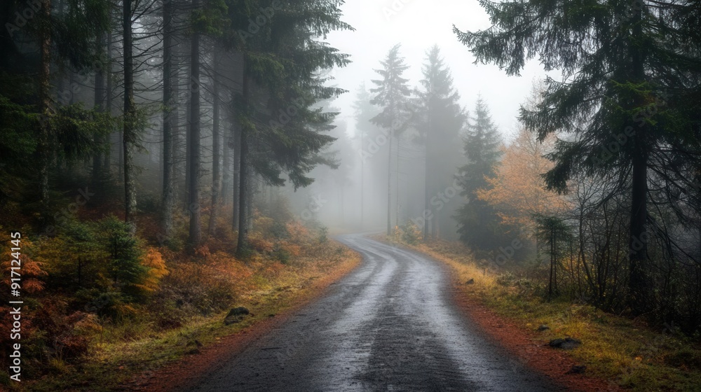 A winding forest road shrouded in mist A winding forest road shrouded in mist
