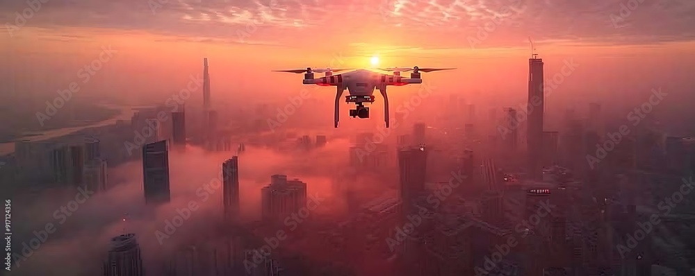 Drone Flying Over Foggy City at Sunset - Photo Drone Flying Over Foggy City at Sunset - Photo