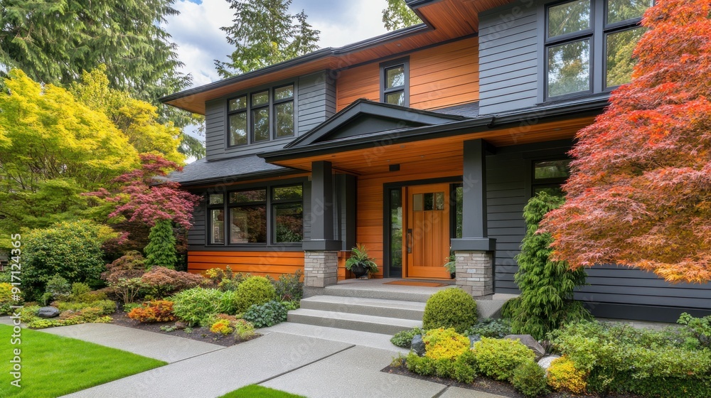 Modern home exterior with wooden door and stone steps. Modern home exterior with wooden door and stone steps.