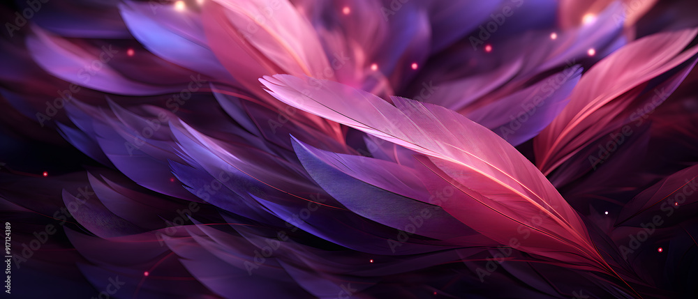 Obraz premium immersive vibrant amethyst feather star background with glitters, particles and blurred background, 3d illustration for festival