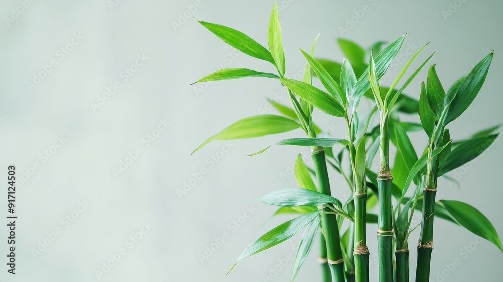 Green bamboo with leaves on light background Green bamboo with leaves on light background