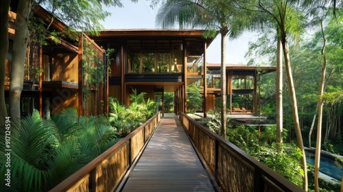 A wooden walkway leads to a modern wooden house with large windows overlooking a lush tropical garden.