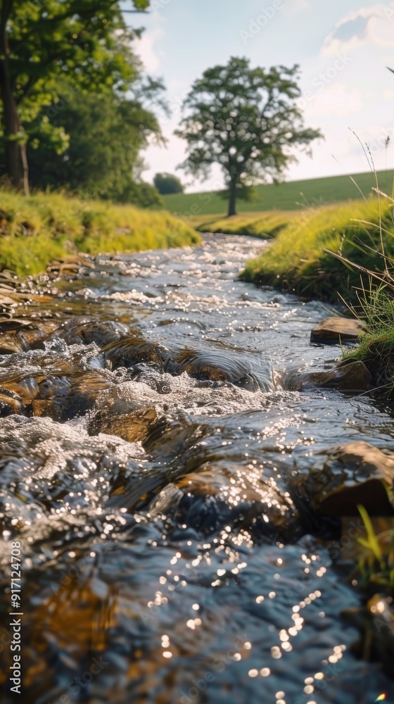 Fototapeta premium A stream of water flows through a rocky area. The water is clear and calm, with a few small ripples. The rocks surrounding the stream are jagged and rough, giving the scene a rugged, natural feel
