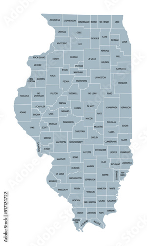 Illinois, U.S. state subdivided into 102 counties, gray political map with borders and county names. State in the Midwestern region of USA. Land of Lincoln, Prairie State, and The Inland Empire State.