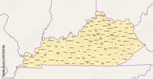 Kentucky, U.S. state subdivided into 120 counties, political map with borders and county names. Commonwealth of Kentucky, a state in the Southeastern Region of the USA, nicknamed The Bluegrass State.