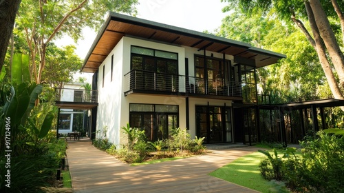 Modern house with wooden deck and lush greenery.