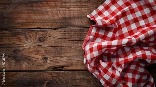 Top view of a red checked tablecloth on an empty blank. Generative Ai