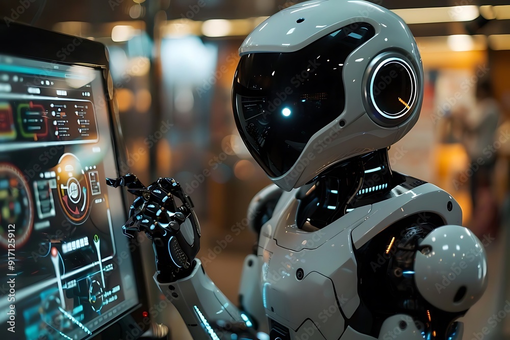 Futuristic Robot Interacting with a Digital Interface - 3D Illustration