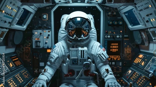 An astronaut prepares for a mission, calmly seated in the cockpit of a spacecraft, surrounded by control panels and illuminated screens
