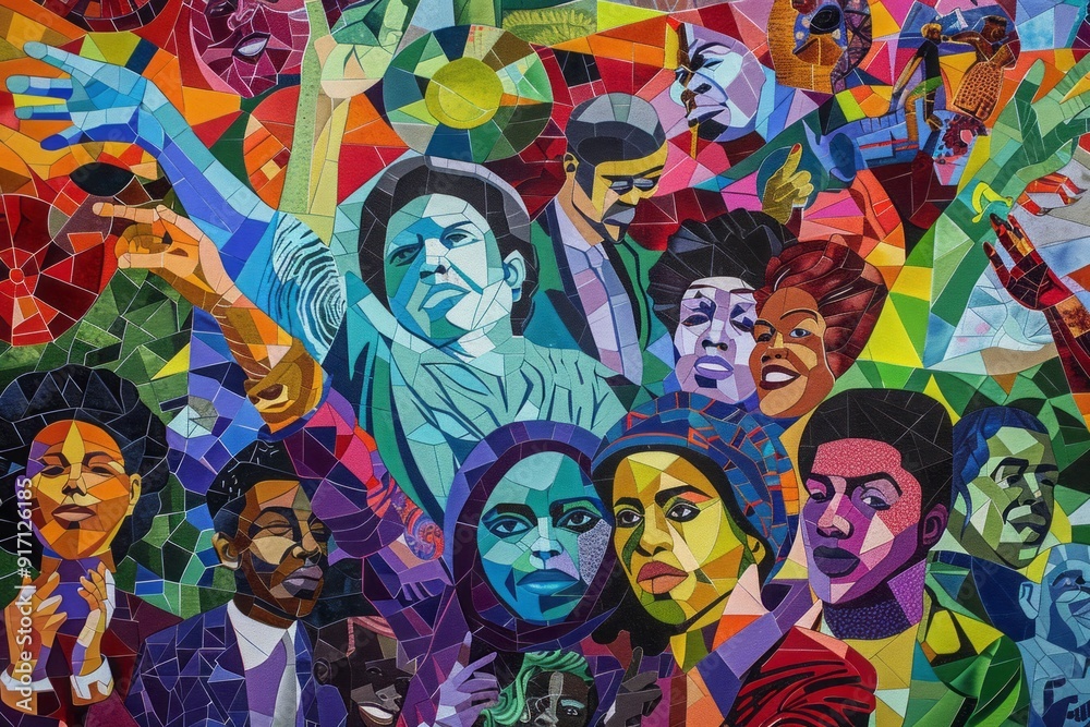 Fototapeta premium Slavery Remembrance Day.Freedom Day.August 23rd.End of slavery.A powerful mural-style illustration showing a diverse group of people united in a tribute to freedom and remembrance.