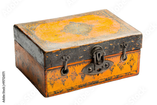 An antique decorative box with intricate designs and a vintage lock, perfect for storage or as a unique home decor piece.