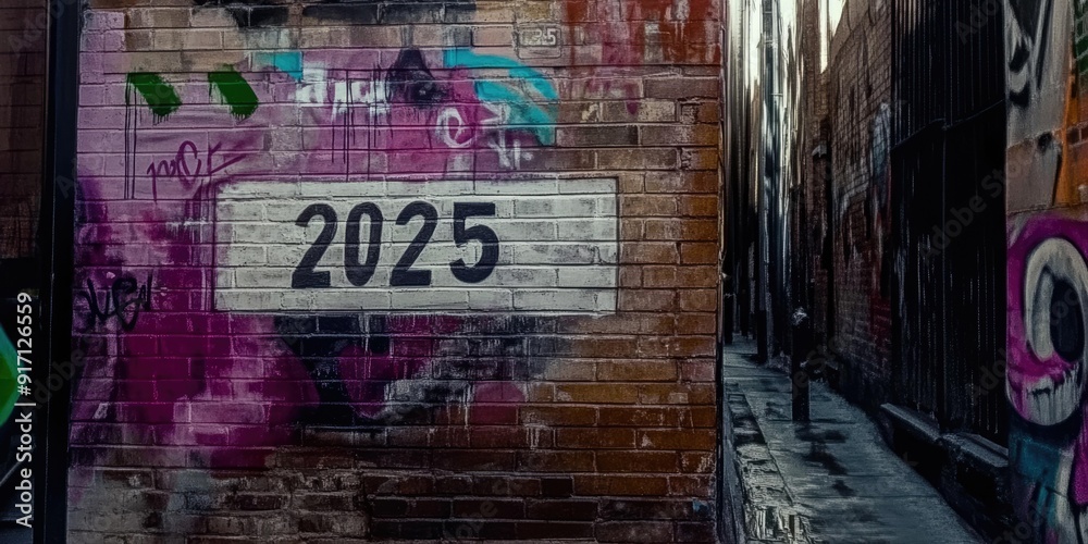 Obraz premium Vibrant Urban Graffiti Art on Brick Wall in Narrow Alleyway