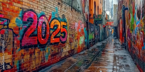 Wallpaper Mural Vibrant Graffiti Art in Urban Alleyway Featuring 2025 in Bold Colors on Brick Walls Torontodigital.ca