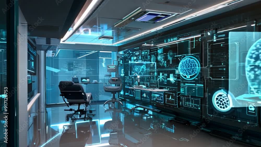 Advanced medical technology setup with mixed media icons overlaying a digital screen, showcasing futuristic healthcare solutions.
