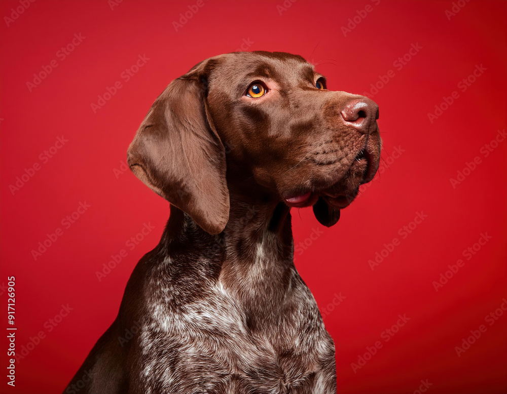 Playful german shorthaired pointer dog sitting in studio looking away against red background