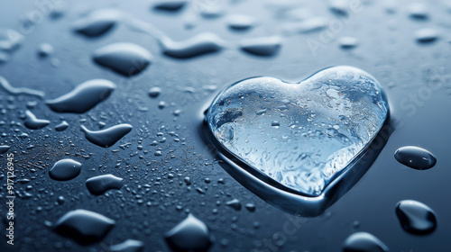 Heart-shaped water drop on a dark surface