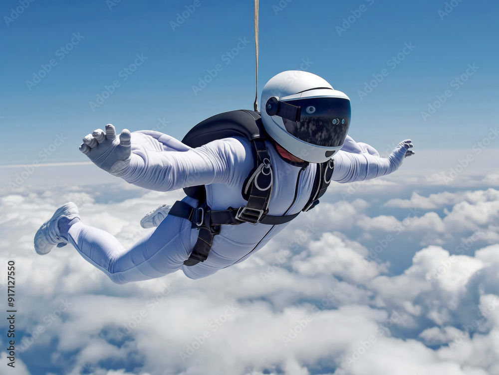 A man in a white jumpsuit is flying through the air. The sky is blue and the clouds are white A man in a white jumpsuit is flying through the air. The sky is blue and the clouds are white