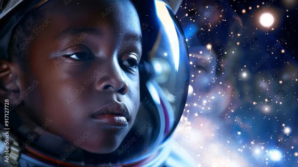A child in an astronaut suit appears serene, eyes closed, surrounded by a stunning cosmic backdrop filled with stars and vibrant colors A child in an astronaut suit appears serene, eyes closed, surrounded by a stunning cosmic backdrop filled with stars and vibrant colors