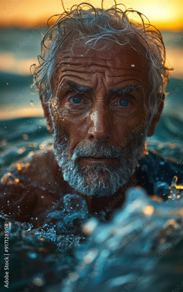 A man with a beard and gray hair is in the water. He is looking at the camera A man with a beard and gray hair is in the water. He is looking at the camera