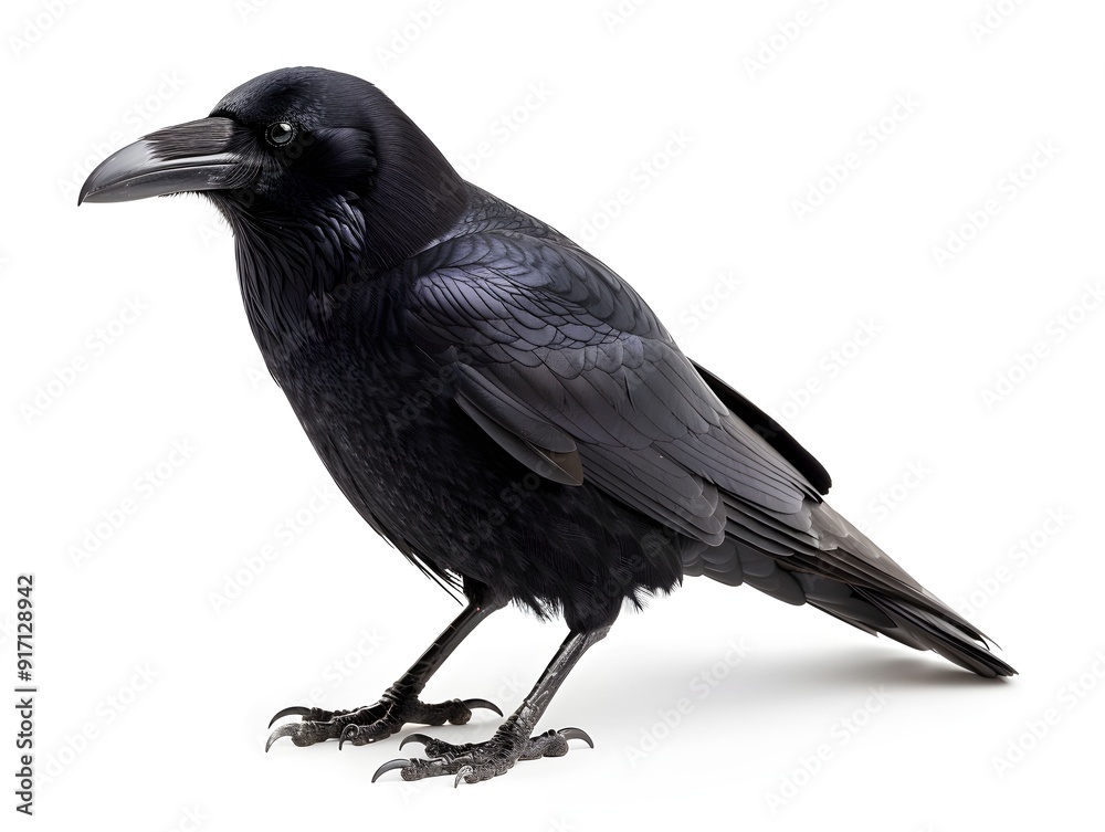 A raven perched elegantly on a surface, showcasing its glossy black feathers and sharp beak during the daytime A raven perched elegantly on a surface, showcasing its glossy black feathers and sharp beak during the daytime