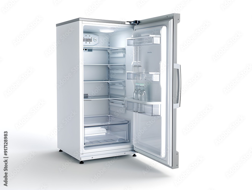 Open refrigerator showcasing organized shelves and transparent containers in a well-lit kitchen setting Open refrigerator showcasing organized shelves and transparent containers in a well-lit kitchen setting