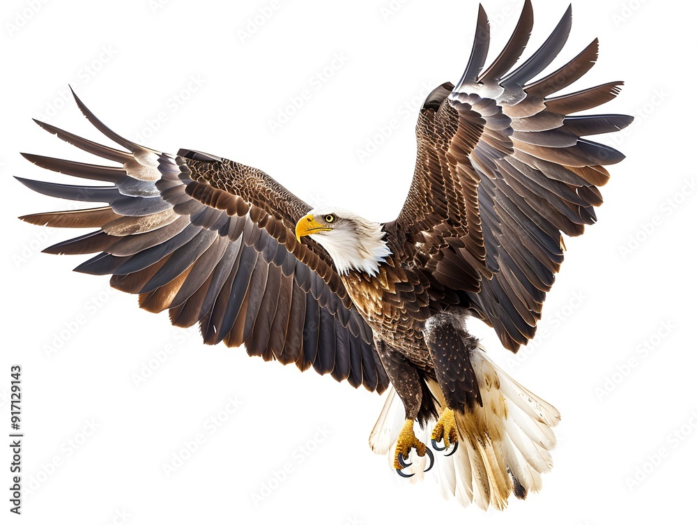 A majestic bald eagle soars with wings fully extended against a white background A majestic bald eagle soars with wings fully extended against a white background