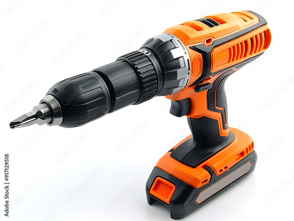 Cordless drill with black and orange design on a white background, showcasing the tool's features and functionality Cordless drill with black and orange design on a white background, showcasing the tool's features and functionality