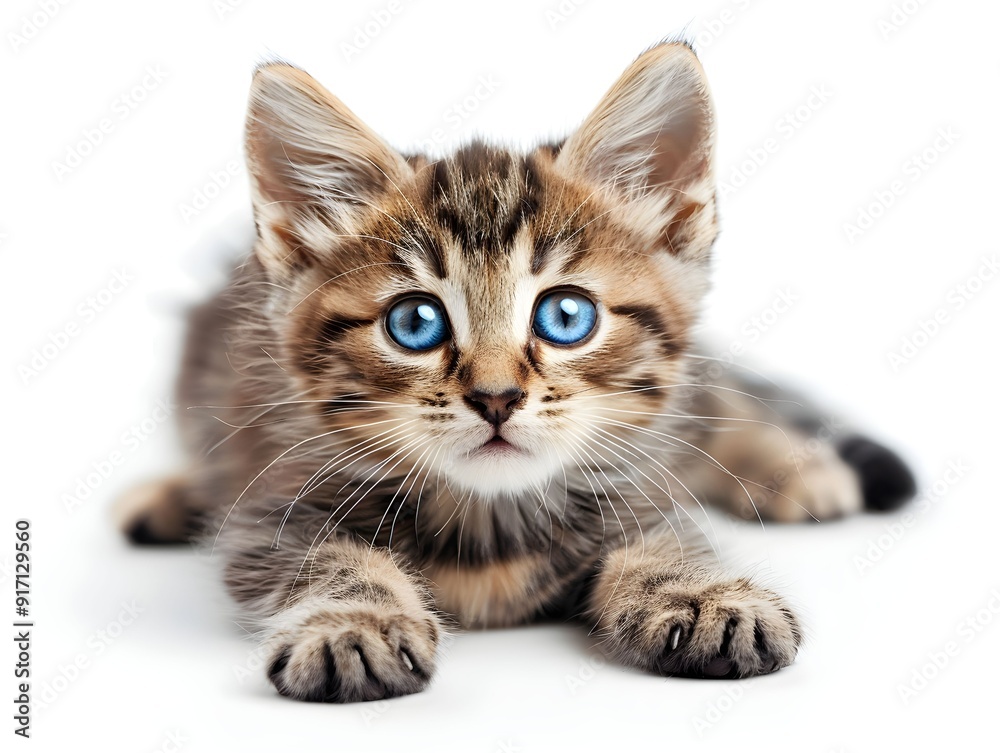 Playful tabby kitten with striking blue eyes resting on a light background Playful tabby kitten with striking blue eyes resting on a light background