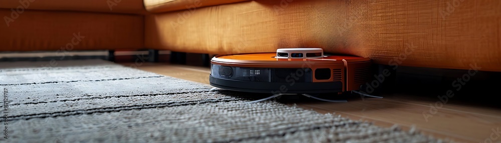 Orange and Black Robot Vacuum Cleaner Under Couch on Carpet and Hardwood Floor - Realistic Image Orange and Black Robot Vacuum Cleaner Under Couch on Carpet and Hardwood Floor - Realistic Image
