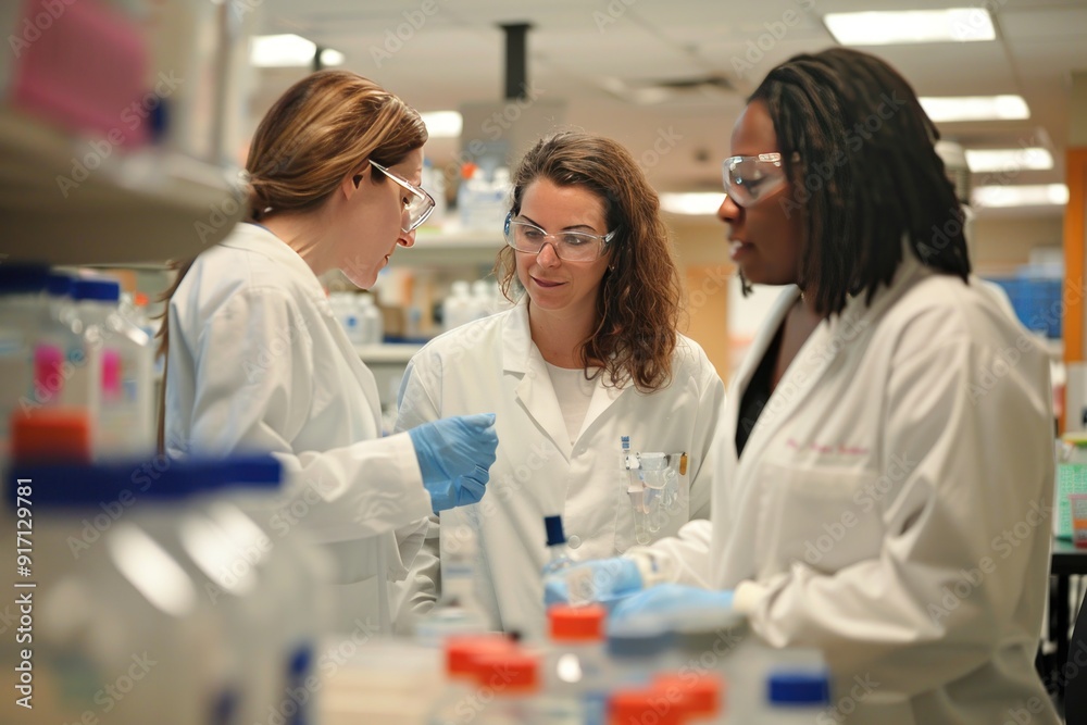 Three scientists wearing lab coats and safety glasses discussing work Three scientists wearing lab coats and safety glasses discussing work