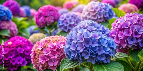 A Cluster of Colorful Hydrangeas, Close-up, Vivid Blooms, Summer Garden, Purple, Blue, Pink