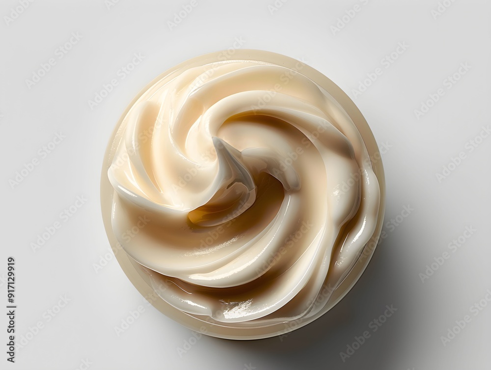 Creamy swirl of light-colored moisturizer in a round container on a neutral background Creamy swirl of light-colored moisturizer in a round container on a neutral background