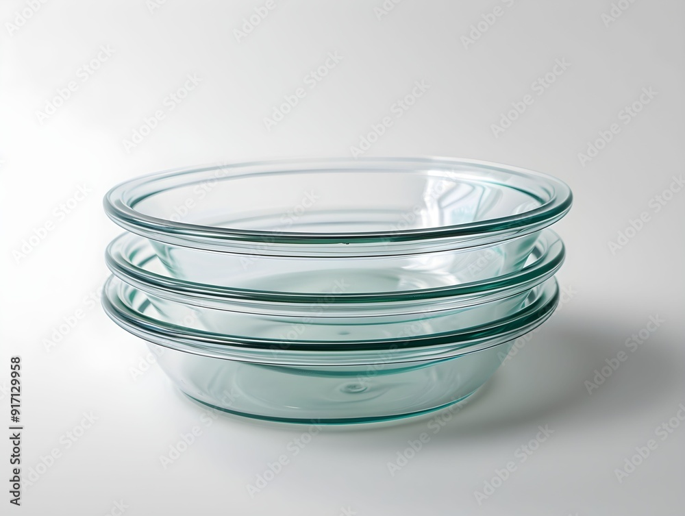 Three clear glass dishes stacked on a light surface, ready for kitchen use Three clear glass dishes stacked on a light surface, ready for kitchen use