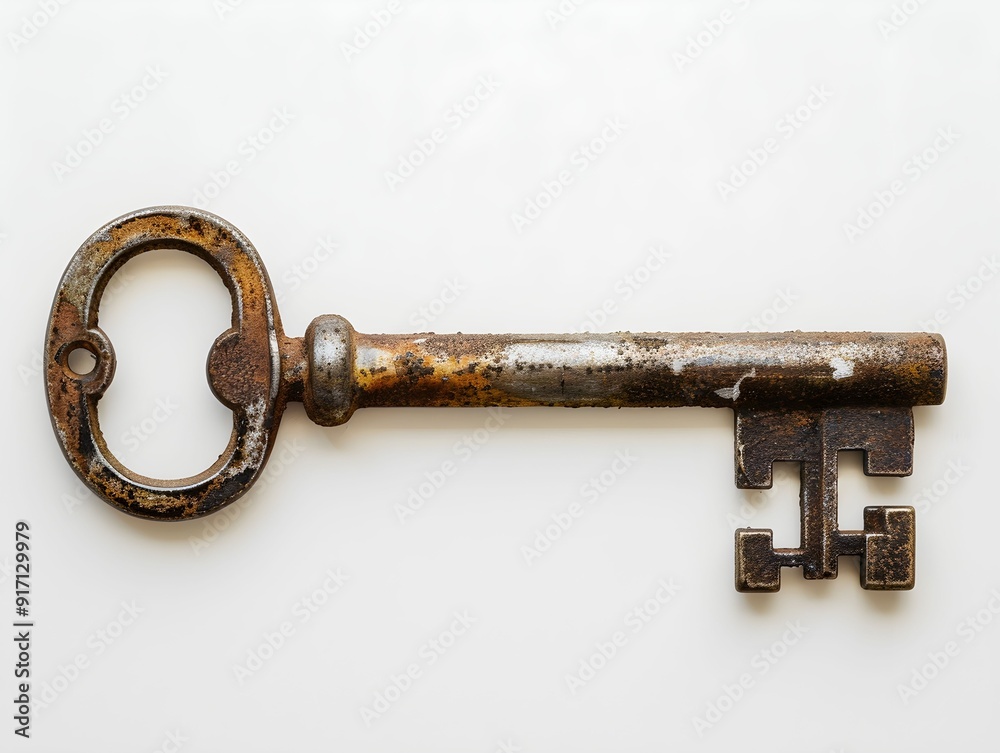 Antique iron key lying on a white background, showcasing its intricate design and signs of wear Antique iron key lying on a white background, showcasing its intricate design and signs of wear