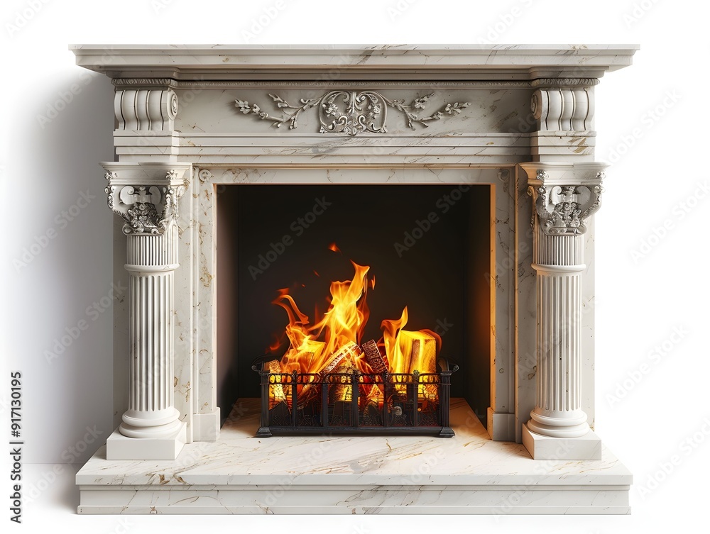 Elegant marble fireplace with roaring fire and decorative elements in a cozy interior setting