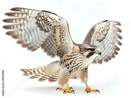 A falcon spreads its wings while perched on a clean white surface in a well-lit environment