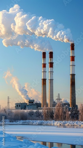 A large industrial plant with three tall red and orange smokestacks emitting smoke. The sky is clear and the sun is shining photo