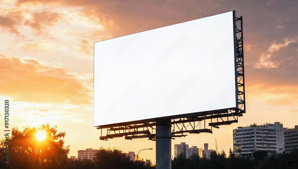 Fototapeta premium Blank billboard against vibrant sunset sky offers vast canvas for creative outdoor advertising campaign.