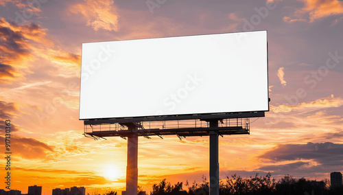 Blank billboard against vibrant sunset sky offers vast canvas for creative outdoor advertising campaign. photo