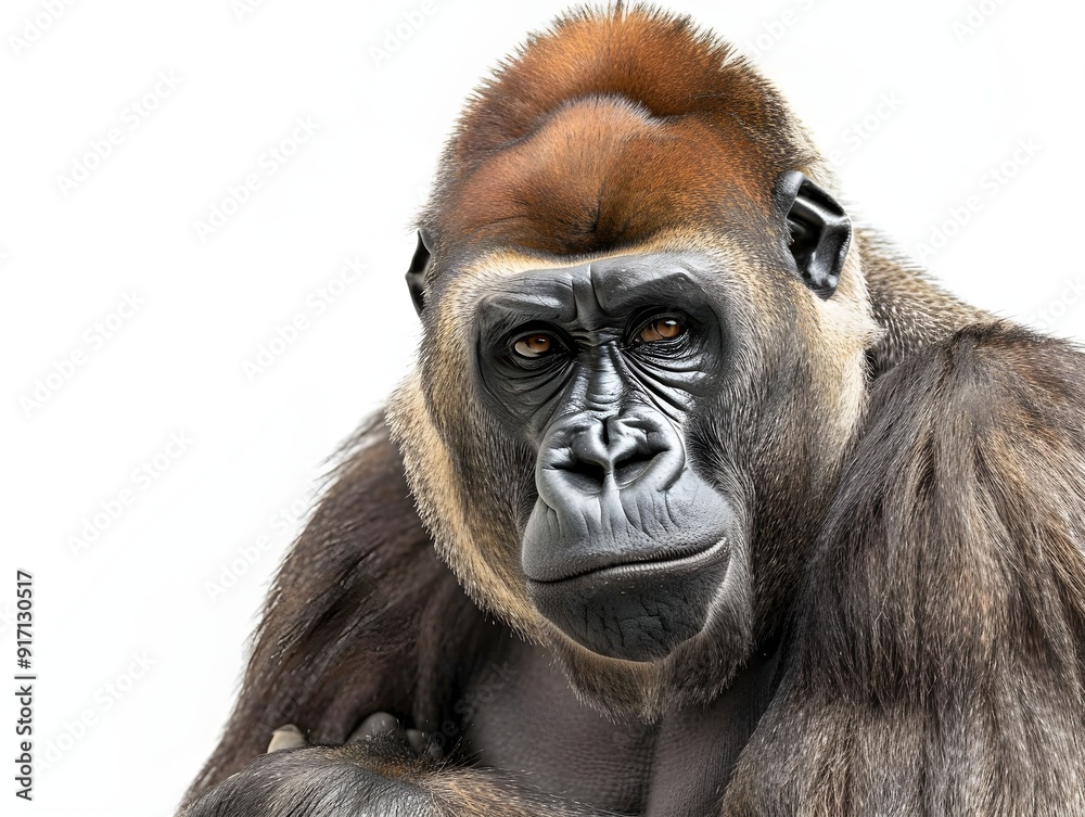 A close-up of a thoughtful gorilla with striking features against a plain background A close-up of a thoughtful gorilla with striking features against a plain background