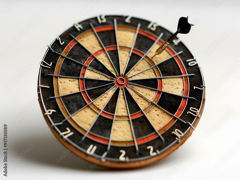 Obraz premium Dart striking the bullseye on a wooden dartboard in a well-lit indoor setting